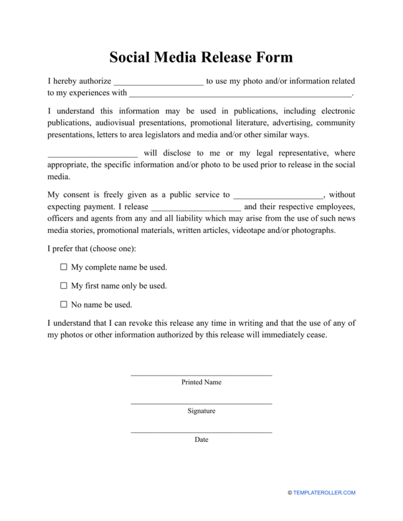 Printable Social Media Release Form Template Printable Templates