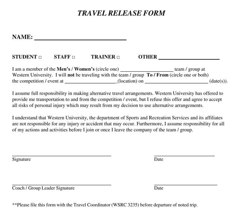 Printable Transportation Release Form Template Printable Templates