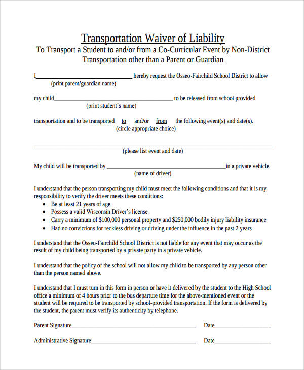 Printable Transportation Release Form Template Printable Templates