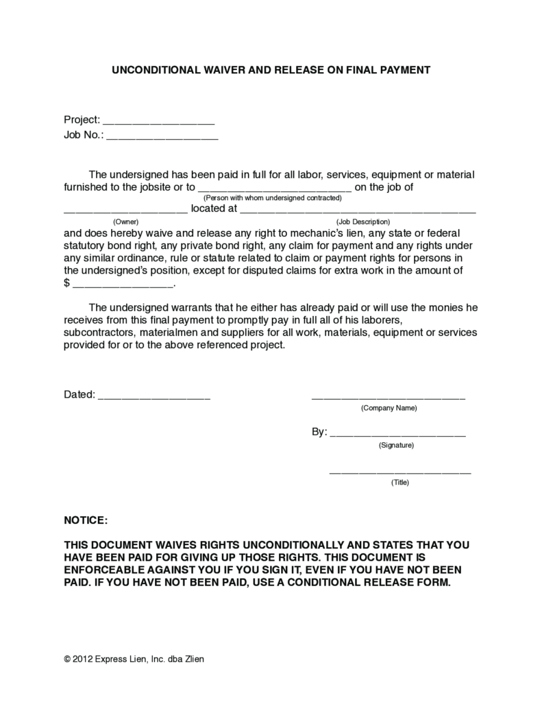 Printable Unconditional Lien Waiver Template Printable Templates