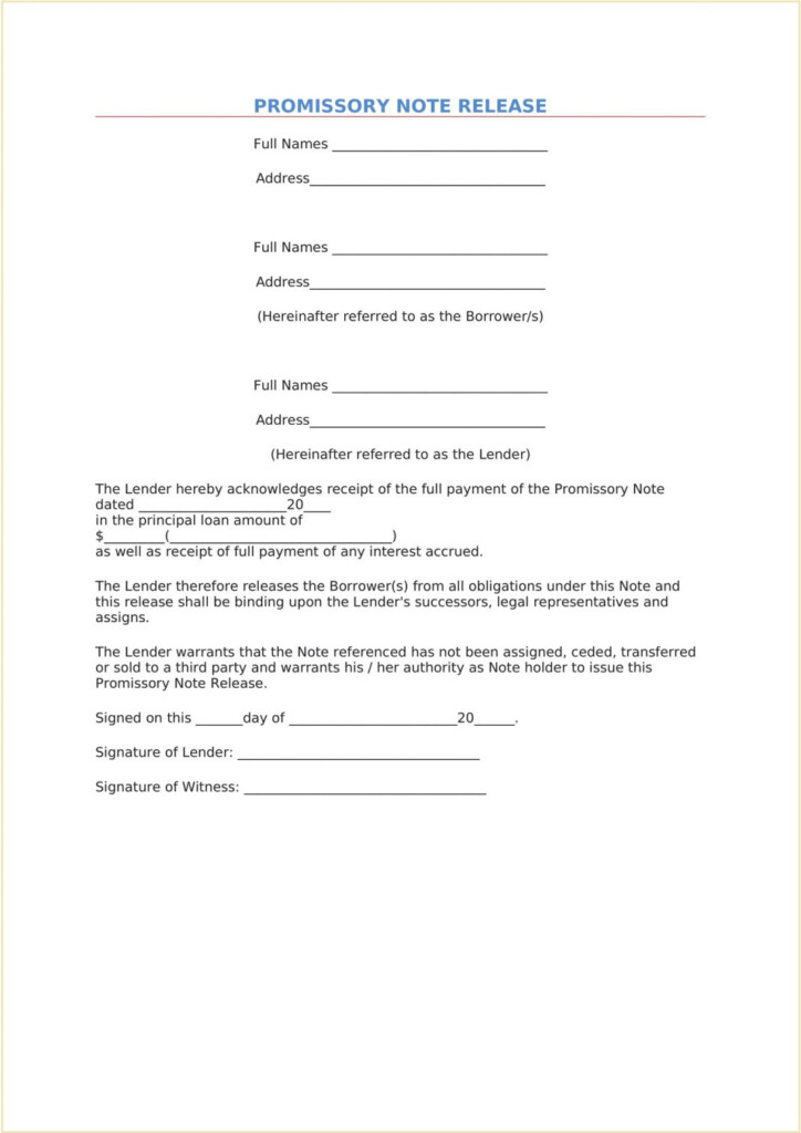 Promissory Note Debt Release Form Template Sample GeneEvaroJr