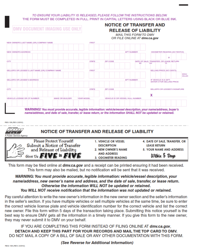 REG 138 Notice Of Transfer And Release Of Liability Finder Doc