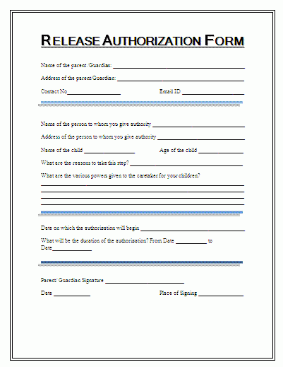 Release Authorization Form Prior Authorization Consent Forms Form