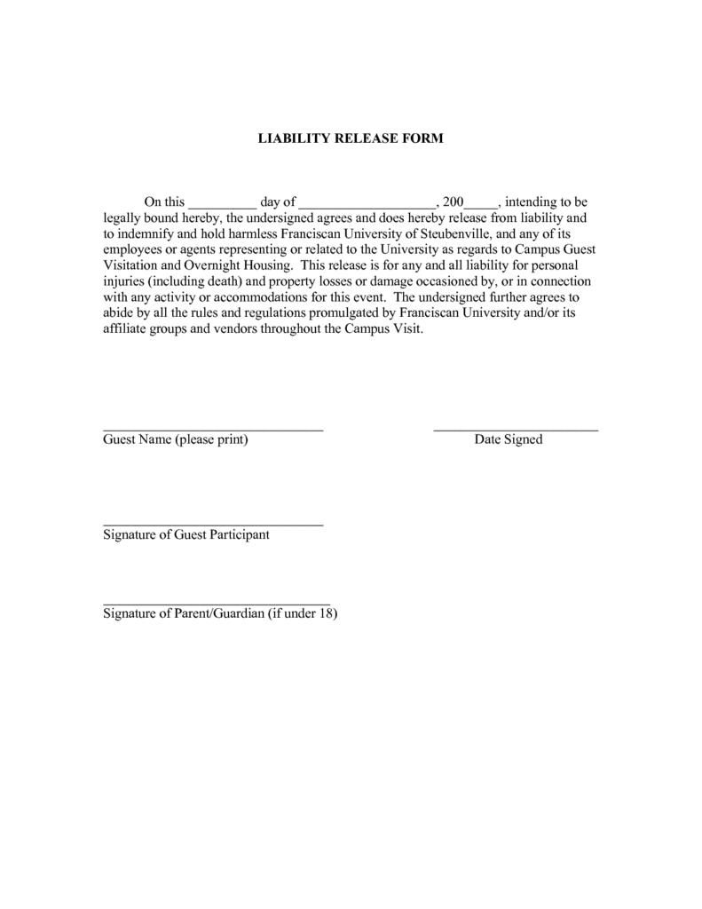 Release From Liability Form Template Free Printable Documents