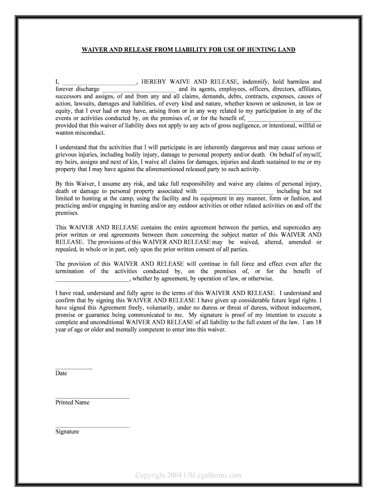 Release From Liability From The Lessee Form For Deer Hunting Fill And 