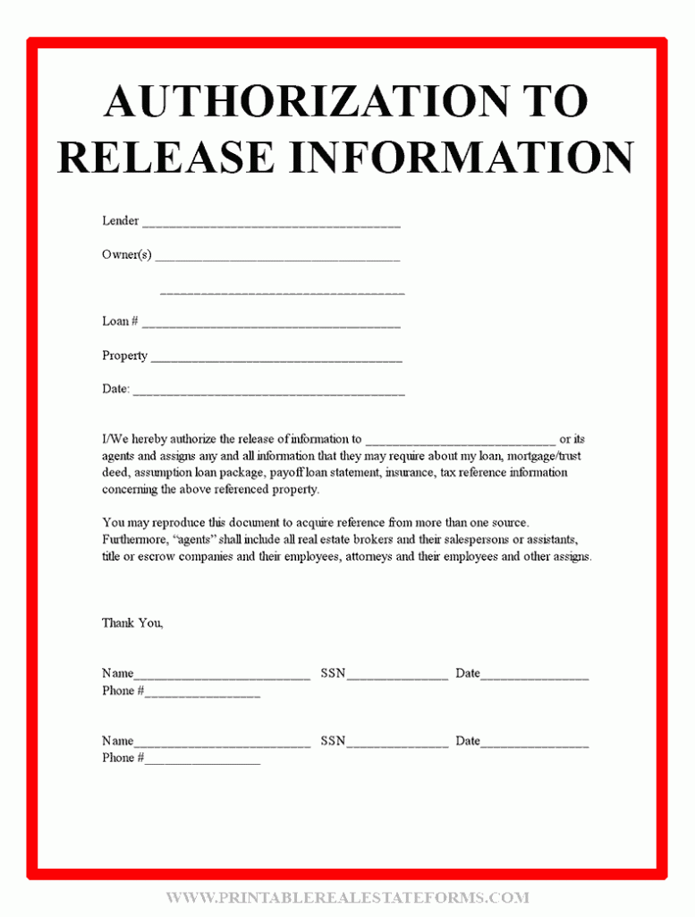 Release Of Information Forms Printable BLANK TEMPLATE