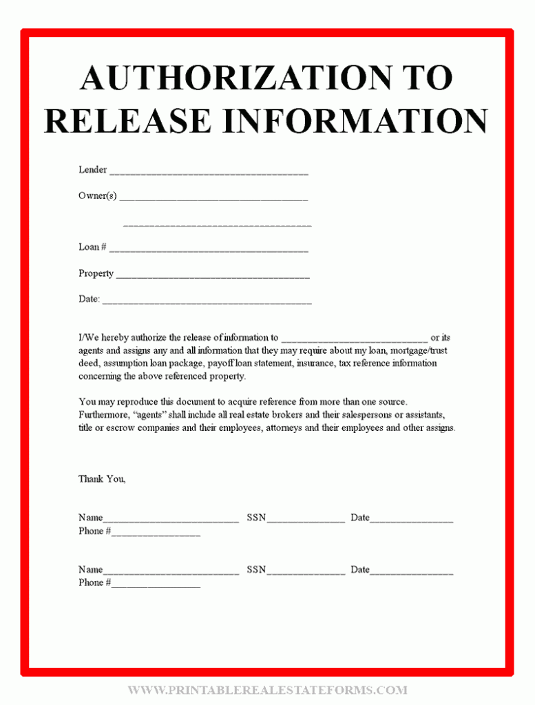 Release Of Information Forms Printable BLANK TEMPLATE 