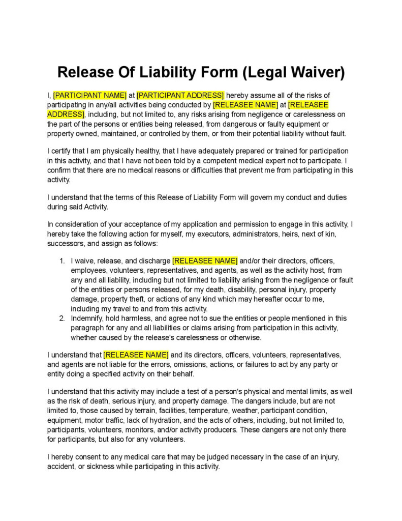 Release Of Liability Form Legal Waiver Template Free Download 