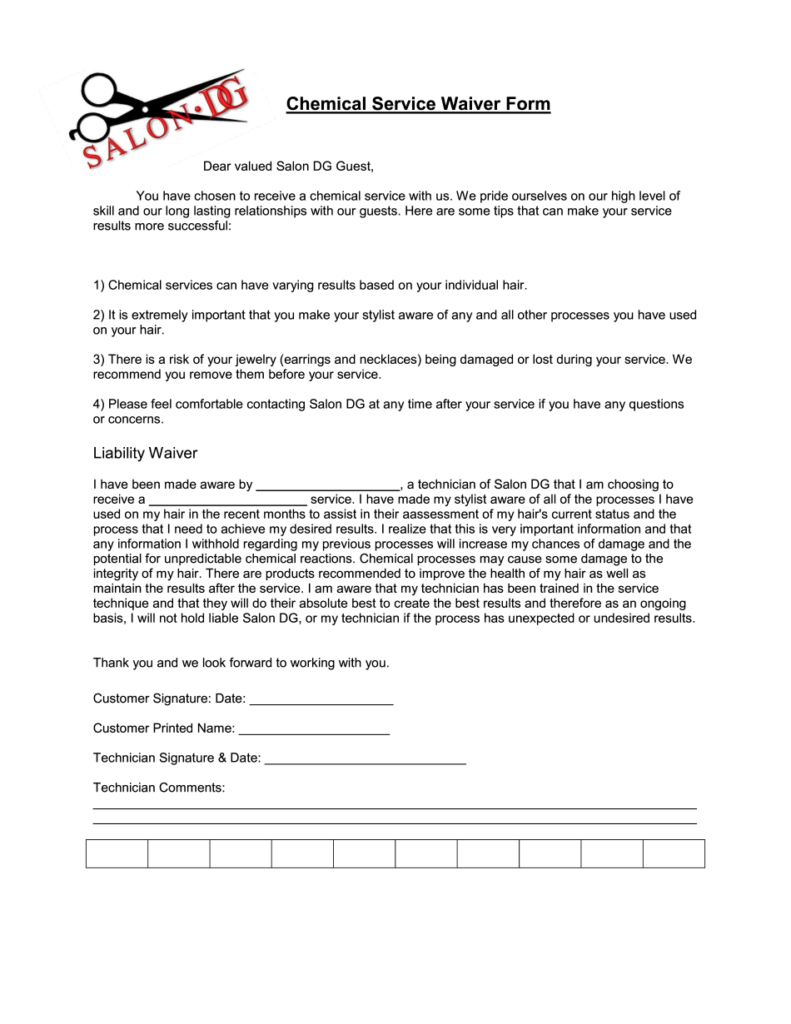 Salon DG Chemical Service Waiver Form Printable Blank PDF Online