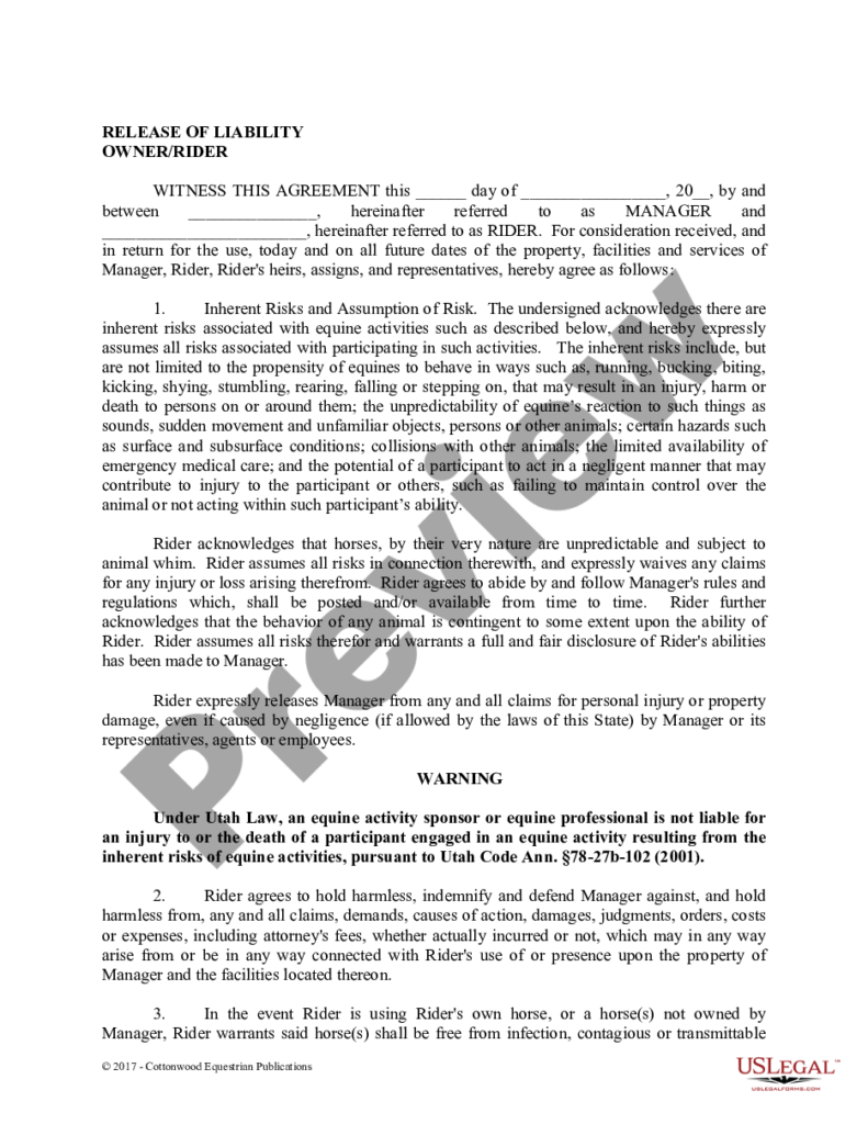 Salt Lake Utah Release Of Liability Owner Rider Horse Equine Forms 