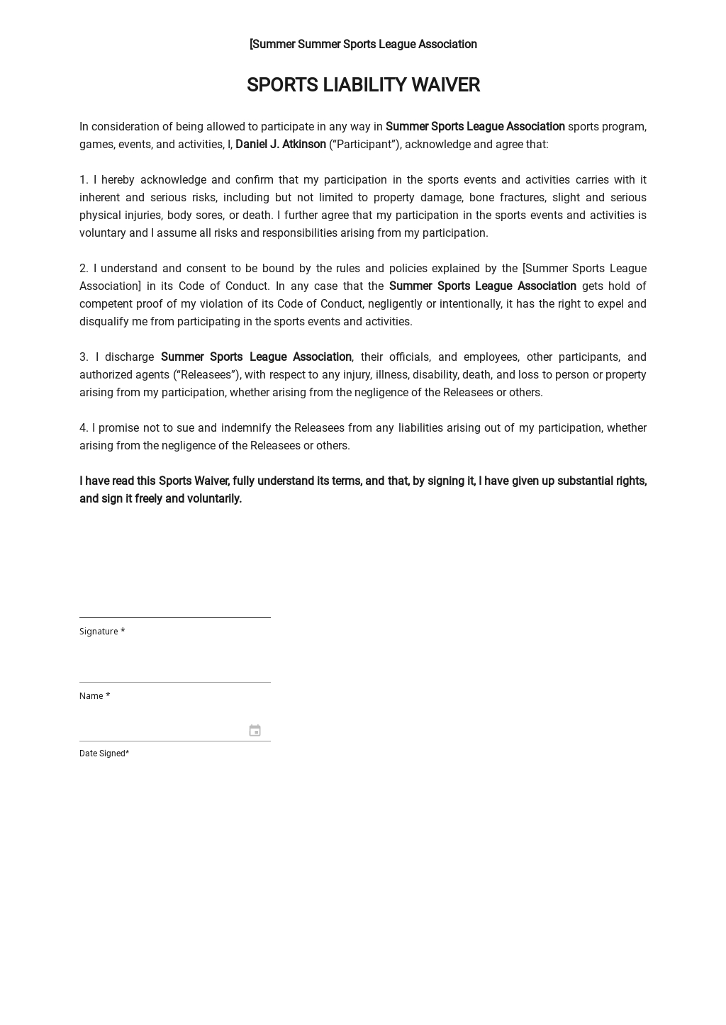 Sports Liability Waiver Form Template Gambaran