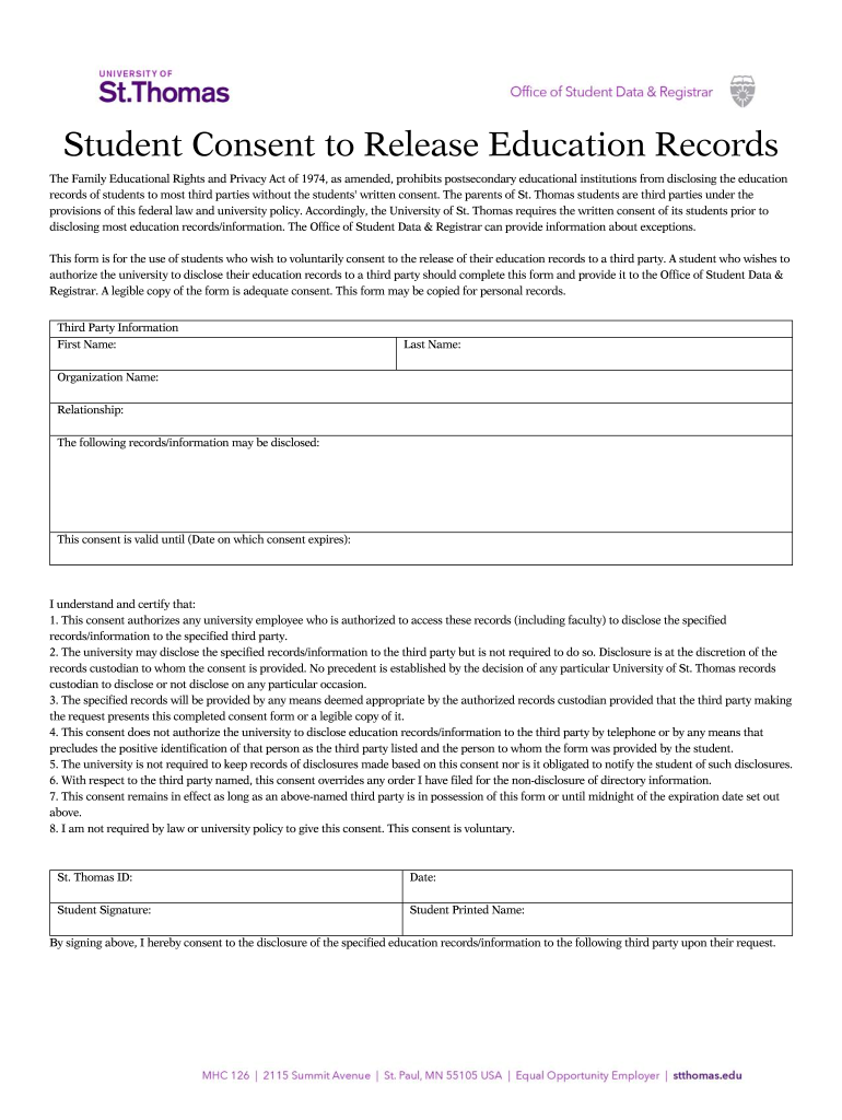 Student Consent To Release Education Records University Of Fill Out 