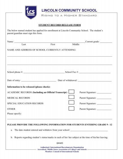 STUDENT RECORD RELEASE FORM The Below Named Student 