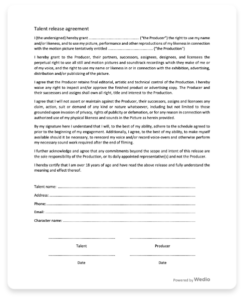 Talent Release Form Template Download Your FREE Template Now Wedio