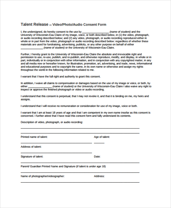 Talent Release Form Template For Film HQ Printable Documents