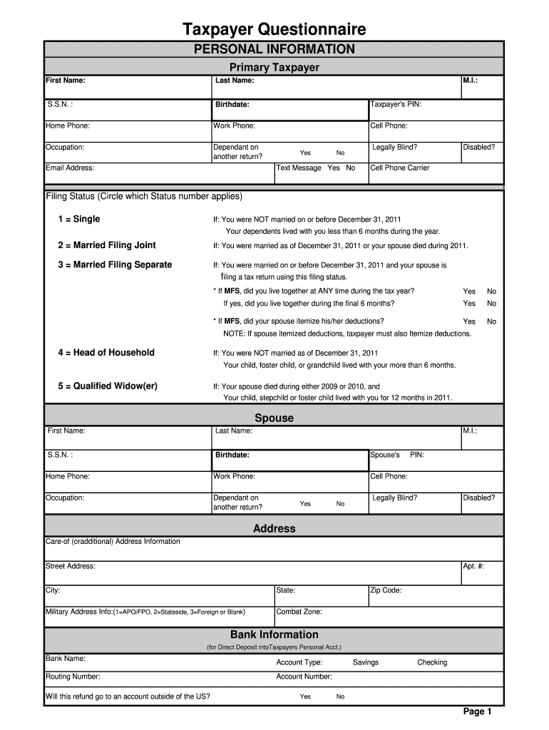 Taxpayers Organizer Questionnaire Printable Fill Out Sign Online
