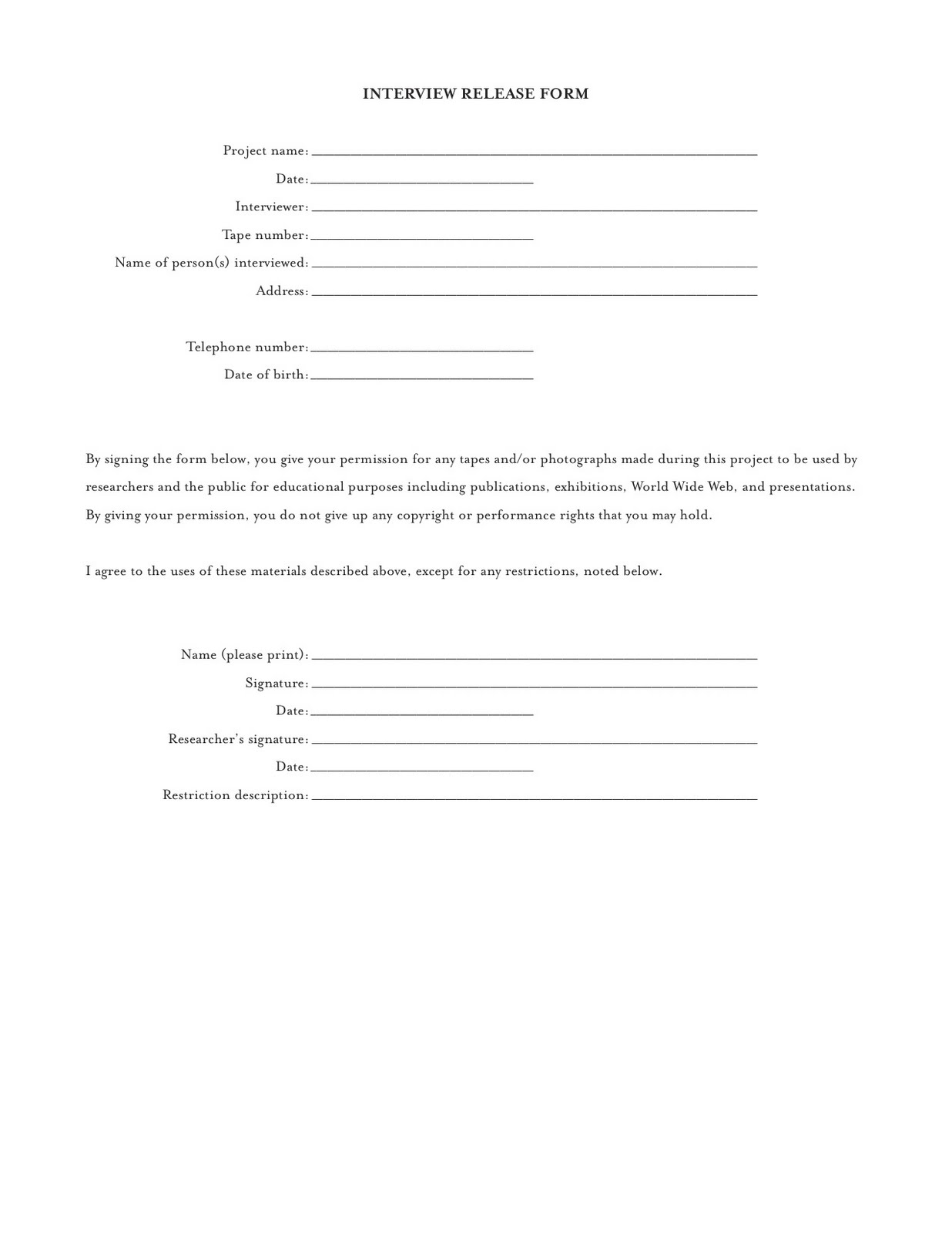 This Is My Blog s Name Interview Release Form