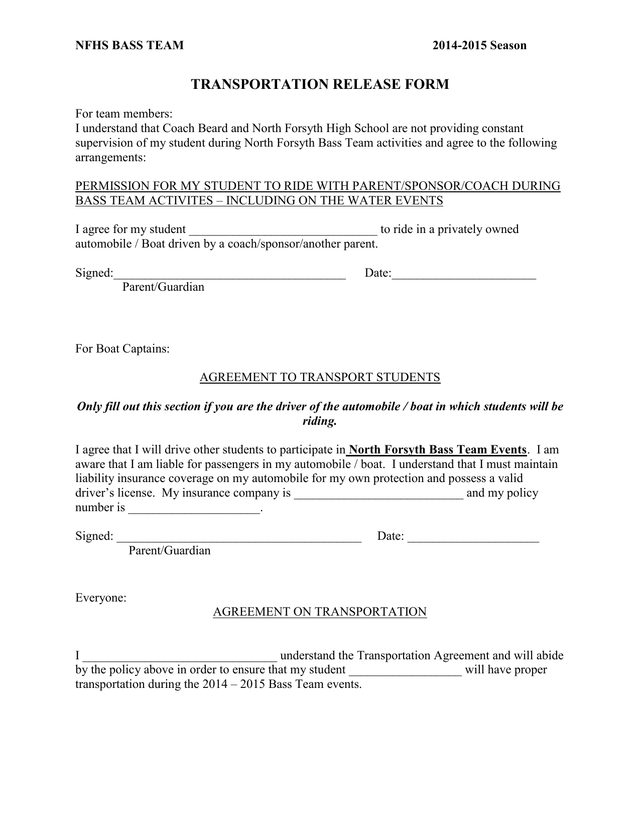 Transportation Release Form Transport Informations Lane