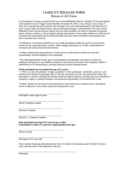 Trip Or Activity Liability Release Form Printable Pdf Download