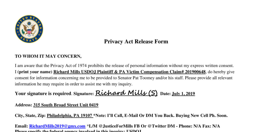 U S Sen Pat Toomey Privacy Release Form 07 01 19 Submitted By Richard 