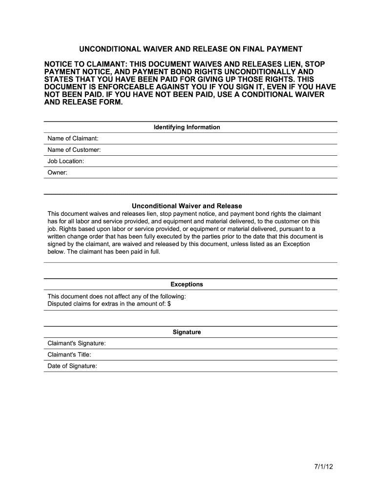 Unconditional Lien Waiver Template Fill Online Printable Fillable