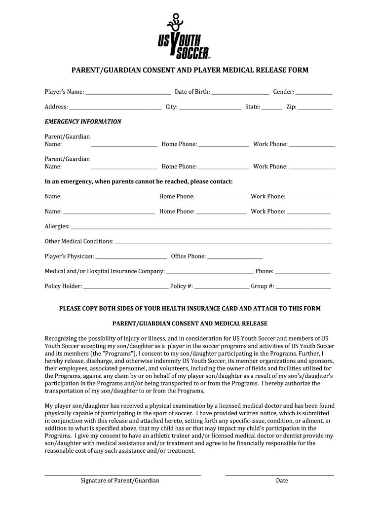 Us Youth Soccer Medical Release Form Fill Online Printable Fillable 
