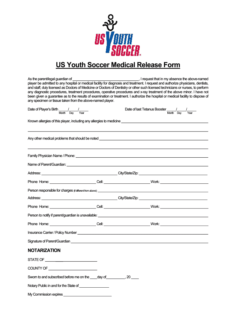 Us Youth Soccer Medical Release Form Fill Out Sign Online DocHub