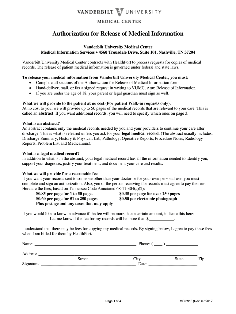 Vanderbilt Medical Release Form Fill Out Sign Online DocHub