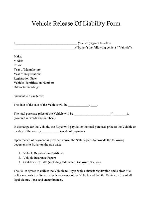 Vehicle Release Of Liability Form Printable Printable Forms Free Online