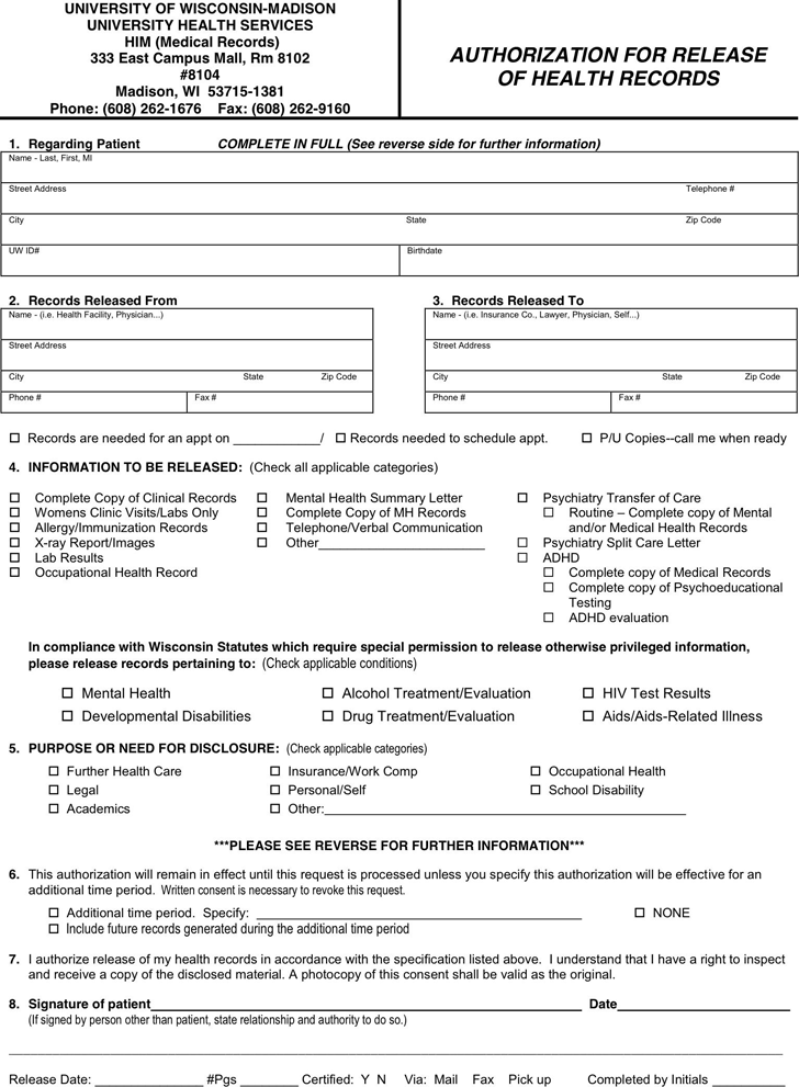 Wisconsin Medical Records Release Form Download Free Printable Blank 