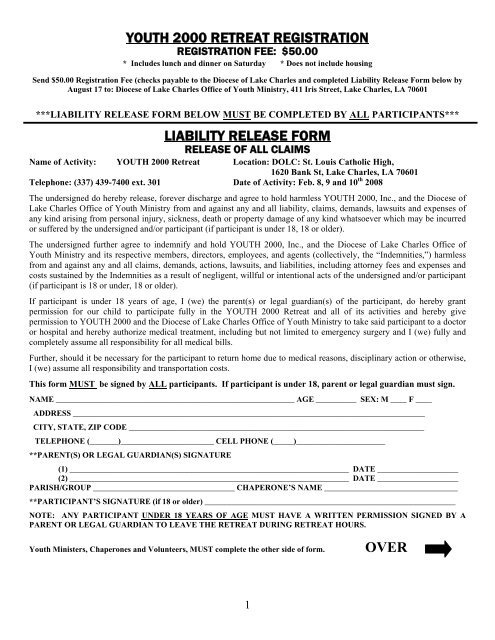 Youth 2000 Retreat Registration Liability Release Form Over