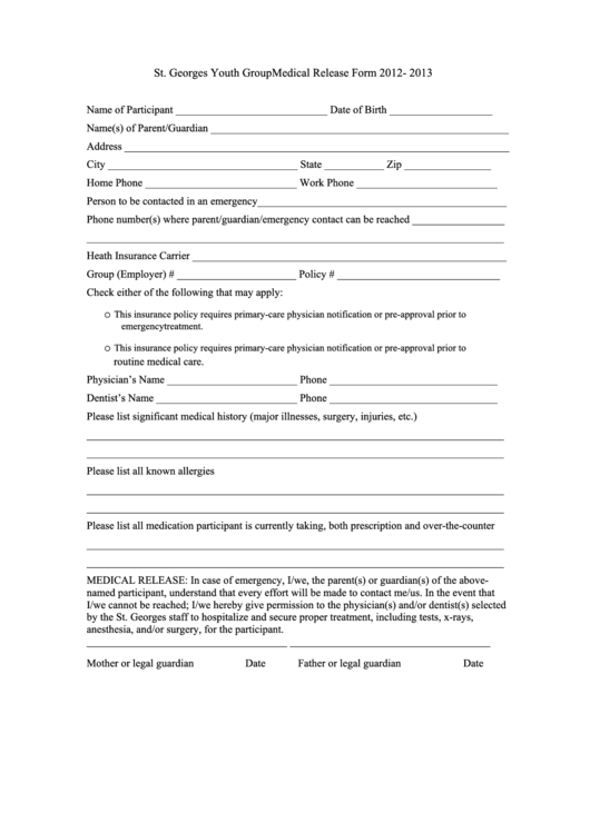 Youth Group Medical Release Form Printable Pdf Download
