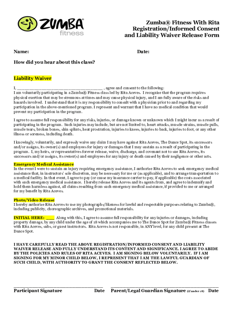 Zumba Waiver Form Fill Online Printable Fillable Blank Fill 